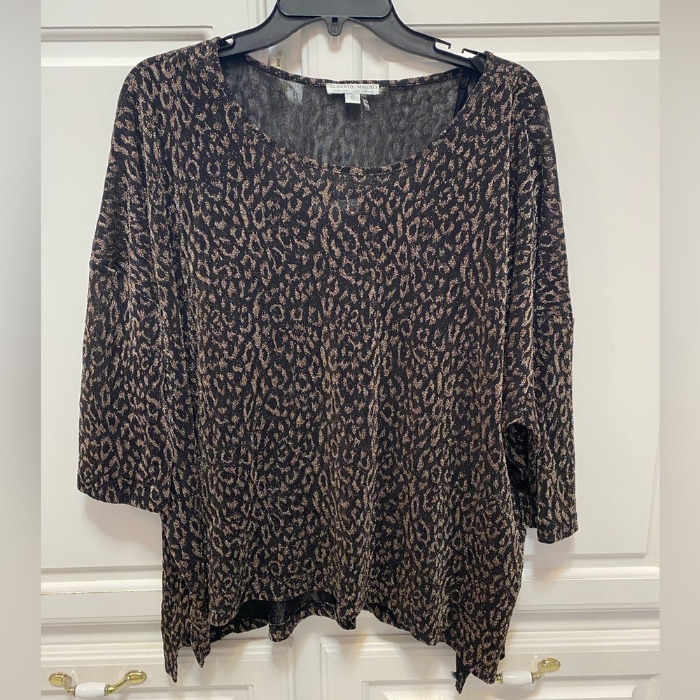Alberto Makali Sheer Animal Print Black Gold Shimmer 3/4 Sleeve Women’s Small